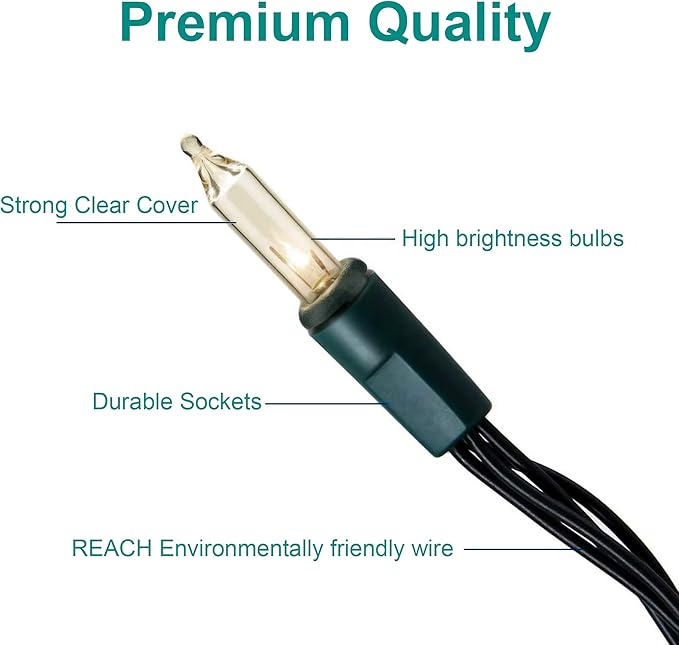 50 Christmas Mini Lights Set - 12.3 ft / 3.7 m - 120V - Clear Warm White Bulbs 2800K - Green Wire - Decor Lights for Patio Garden Wedding Holiday Christmas Tree - Indoor and Outdoor Decorative Use