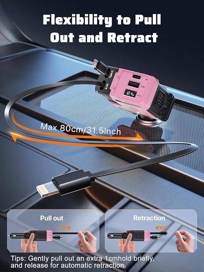 Retractable Car Charger with Retractable Cable (31.5 inch), 4 in 1 Super Fast Car Phone Charger, 2 USB Ports Adapter, Compatible with iPhone 15 14 13 12 11 Pro Max, iPad, Pixel