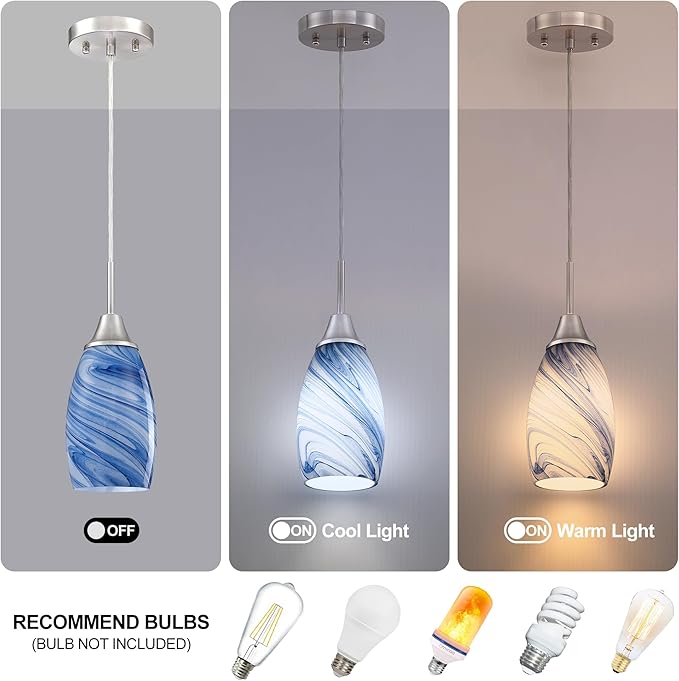 Mini Glass Pendant Light 1Pack Dark Blue Marble Art Glass Pendant Lights Kitchen Island Brushed Nickel Finish Hanging Light for Kitchen Over Sink,Dining Room,Foyer,Hallway