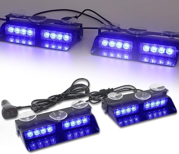 XRIDONSEN 2 in 1 Blue Emergency Dash Strobe Lights Warning Safety Flashing Interior Windshield Lights w/Suction Cups for Ambulance Volunteer Firefighter Police Vehicles Trucks (2×7.16 inch, 16 LED)