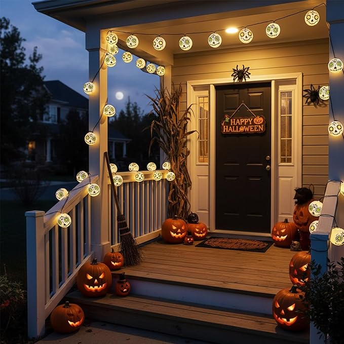 Halloween Jack Skellington Ghost Lights, 8.5FT Connectable String Lights with 10 LED Nylon Lanterns, Indoor Outdoor Halloween Decorations for Bedroom, Party, Fireplace, Yard