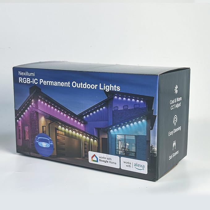 Nexillumi Permanent Outdoor Lights for House, 100ft Smart RGB Outside Lights with 72 Scene Modes, IP68 Waterproof Eaves Lighting for Christmas All Holiday Decorations