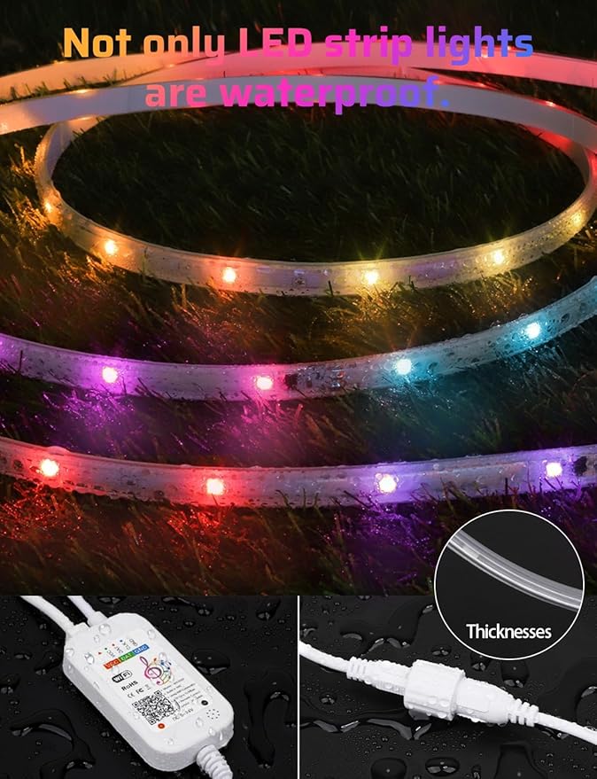 IP67 50FT Continuous RGB+IC DIY Design Outdoor Led Strip Lights Waterproof with Wi-Fi+Bluetooth App Compatible with Alexa,Google Assistant,Themable for Football Clubs Color Changing LED Rope Lights