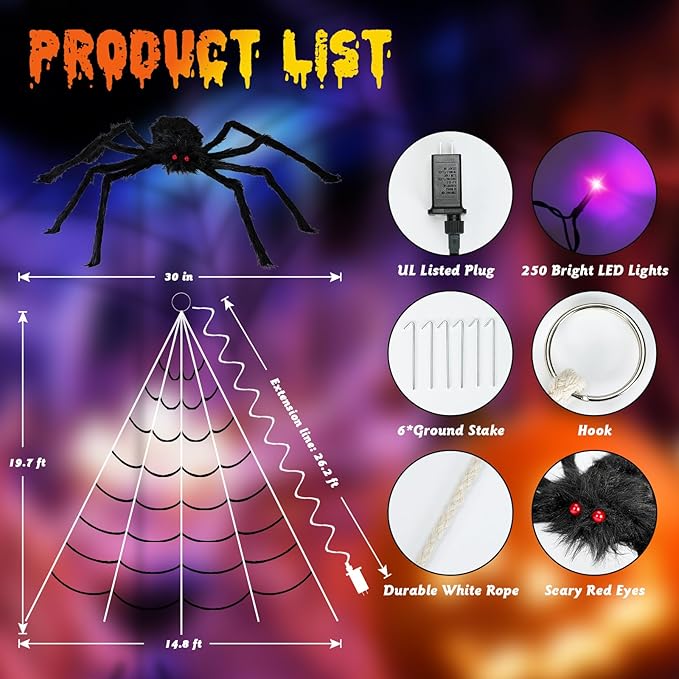 Halloween Spider Webs Decorations Outdoor Lights, 19.7*14.8FT Giant Spider Web with 250LED Purple Lights, Halloween Light up Triangular Black Spider Web with 8 Modes&Spider for Yard Home Parties Decor