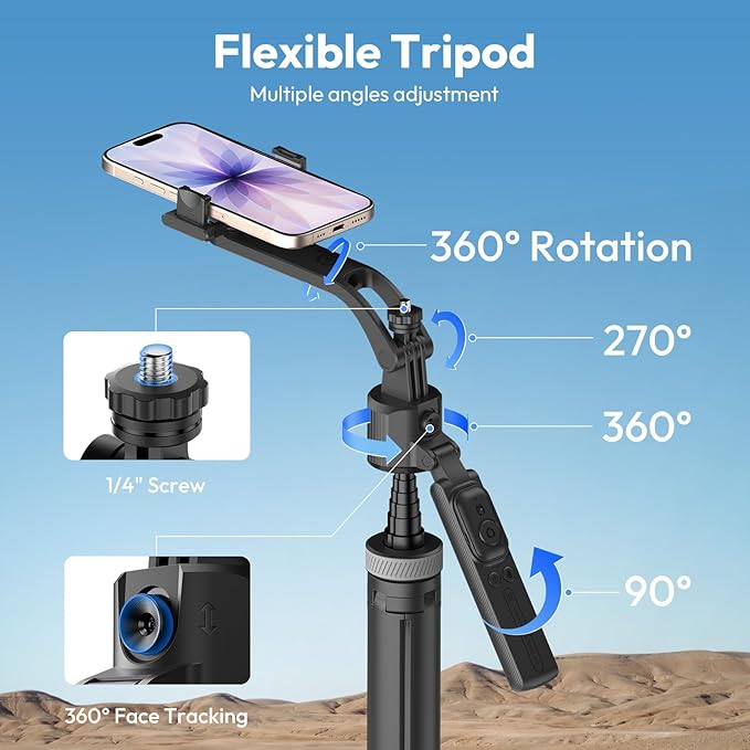 ULANZI TT23 64" Auto Face Tracking Tripod for iPhone/Android with Remote, 360°Rotating Selfie Stick That Follows Your Movement, Facial Recognition Tripod for iPhone 17/16/15/14/13/Android/Camera/GoPro