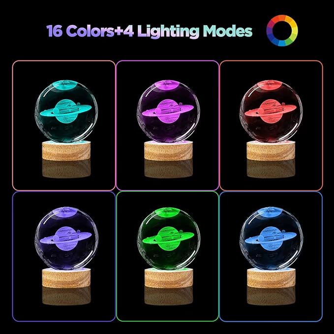 3D Saturn Crystal Ball Night Light Upgraded 3.15 in Saturn Planet Glass Sphere Lamps with 16 Color for Birthday Holiday, Cool Saturn Galaxy Home Desk Decor Gifts for Teens Boys and Girls