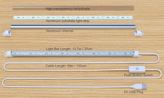 5V Interior LED Light Bar USB Plug with Switch for Car 7000K White Color DIY Cabinet LED Light Strip for Trailer,Motorhome,Van,RV,Truck,Office,Store(2 Pack)