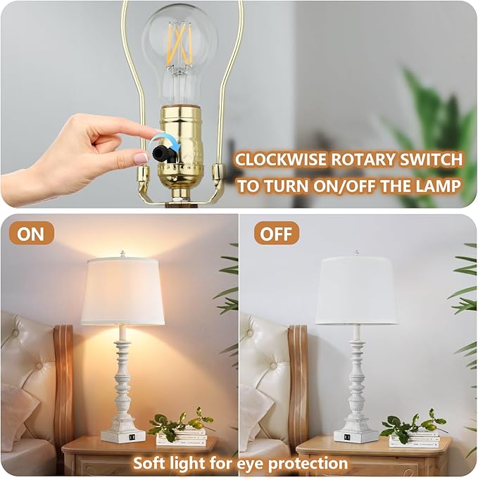 27.5'' Farmhouse Table Lamps Set of 2, Rustic Bedroom Lamps for Nightstand with Dual USB Charging, White Traditional Bedside Desk Lamps with Vintage Beige Fabric Shade for Living Room Kids Study Room
