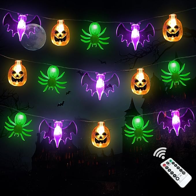 Halloween Lights Battery Operated -16FT 30 LED 3D Waterproof Spider Bat Pumpkin String Lights with Timer-8 Lighting Modes Hanging Decor for Home Room Door Window Indoor Outdoor Porch Party Decorations