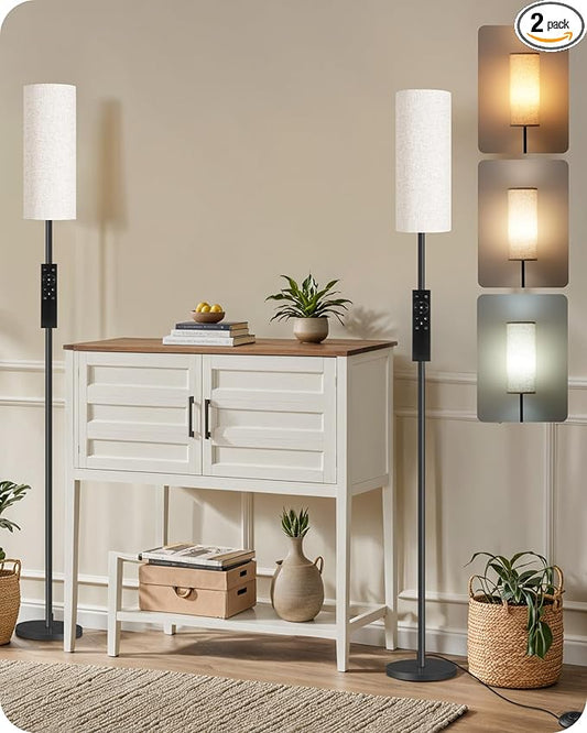 Set of 2 Dimmable Floor Lamps for Living Room with 2 Remotes and Foot Switch, 64.4”Modern Standing Tall Lamp, Corner Lamp for Bedroom, Bulb Included, 3000K-6500K, Beige Shade E06LDP205W1