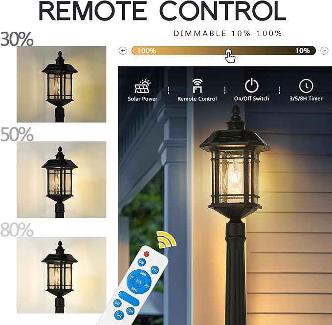 Emliviar 82" Solar Street Lamp Outdoor, LED Dusk to Dawn Pole Solar Light with Remote Control, Waterproof Post Lighting with Seeded Glass, A2202110PL-SL BK