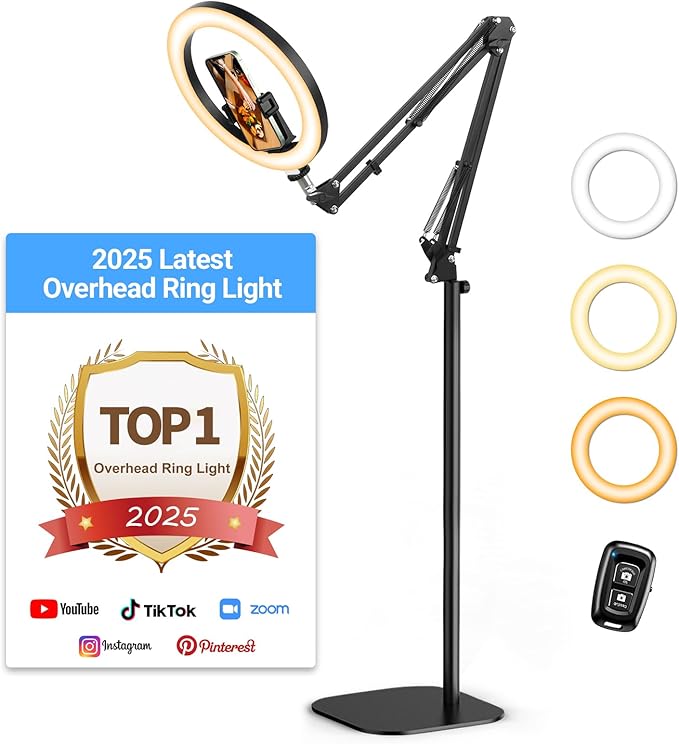 Upgrade Ring Light Overhead,Evershop Selfie Light with Stand and Phone Holder,10”Circle LED Portable Light with Remote Control