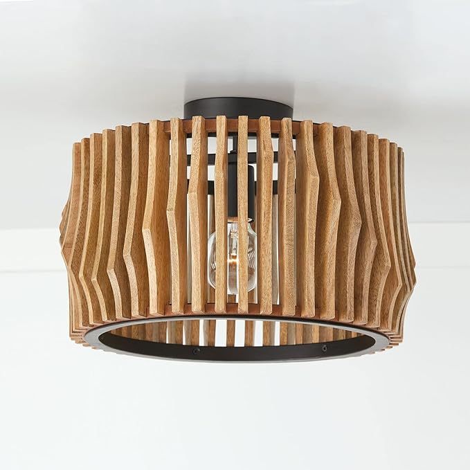 Capital Lighting 244632WK Archer Modern Artisan-Crafted Mango Wood Dual Mount Pendant/Semi Flush Ceiling Light, 1-Light 100 Watt, 11" H x 16" W, Light Wood and Matte Black
