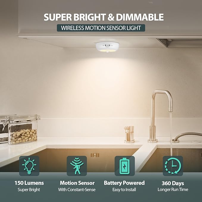 BLS 6-Pack 3.3" Under Cabinet Lighting, Closet Lights Motion Sensored Light Indoor AA Battery Operated, Magnetic Stick on LED Puck Light, Dimmable Under Counter Lights for Kitchen, 3000K Warm White