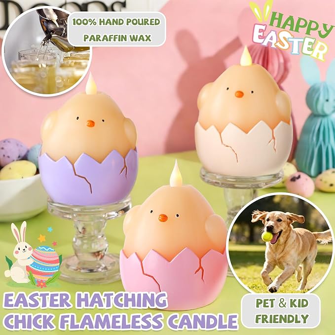 3PCS Easter Hatching Chick Flameless Candles – Easter Candles with Remote, Battery Operated LED Egg Candles in Pink Purple Ivory, Flickering Flame & Timer for Spring Table Centerpiece, Home