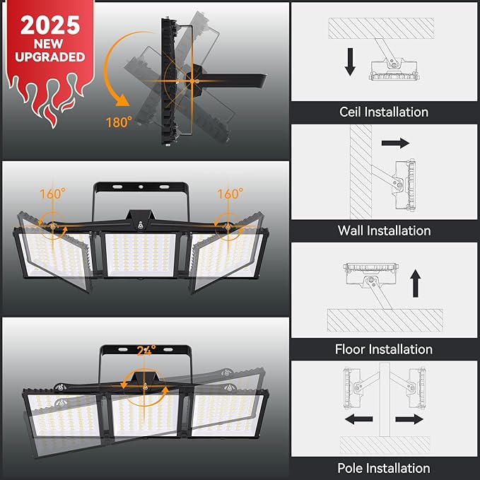 600W 2025 Plus New Upgraded LED Outdoor Flood Light, 15000LM 6000K Daylight White IP66 Waterproof, Stadium Lights, 3 Heads Adjustable Outdoor Floodlight Security Lights for Yards, Patios, Street