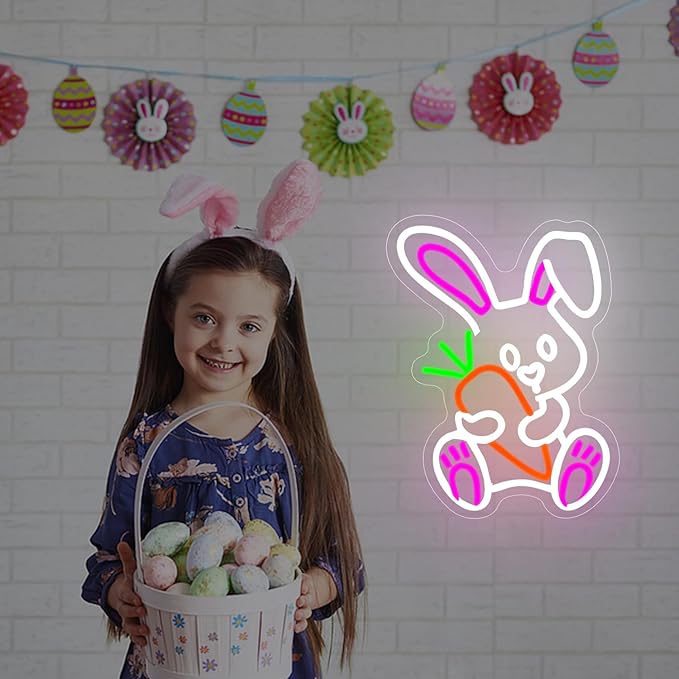 Easter Neon Sign for Wall Decor Bunny Neon Light Carrot Led Sign Carrot Rabbit Neon Neon Light Up Sign for Party Wall Decoration Home Room Children'S Easter Gift