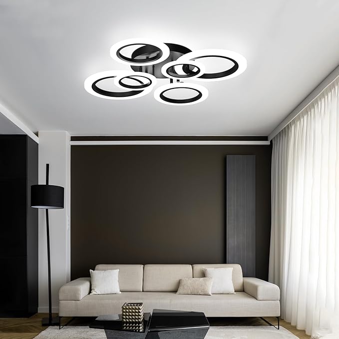 Modern LED Ceiling Light Fixture, 32" Dimmable Semi Flush Mount Ceiling Light with Remote & App Control 6 Ring Ceiling Lamp for Dining Room, Kitchen, Living Room, Bedroom, Office, Black