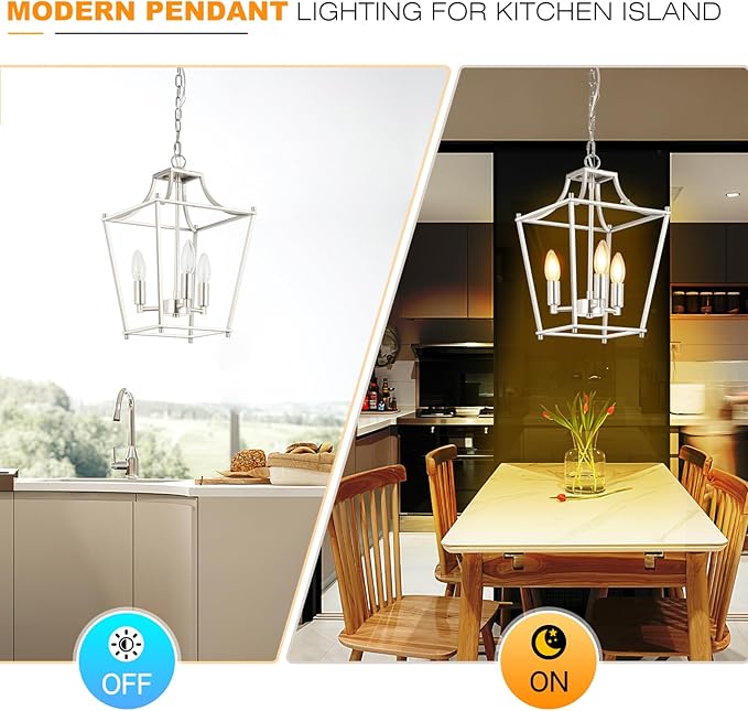 Lantern Pendant Light Brushed Nickel Pendant Light Fixtures 3-Light Lantern Light Fixture, 9.4" Adjustable Hanging Pendant Lighting for Dining Room Kitchen Foyer Bedroom