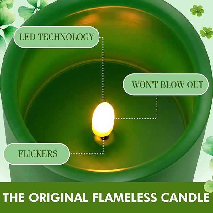 VIHOSE St. Patrick's Day Flameless Candles Battery Operated Flameless Pillar Candles Real Wax Fake Candle with Remote and Timer Flickering for St. Patrick's Easter Gift Home Party