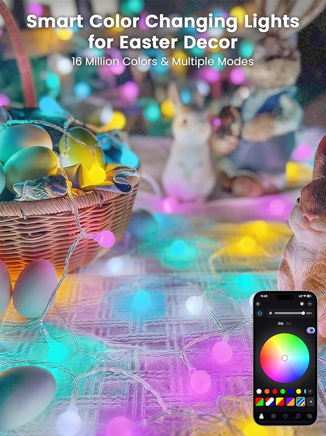 2026 New 46ft Smart Color Changing Easter Lights Outdoor Indoor | 100 LED RGB Globe Pastel String Lights App Control with Remote & Timer, Fairy Light Plug in Waterproof Easter Decor Girl's Bedroom
