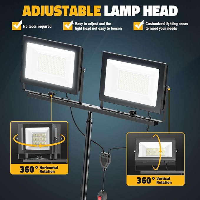 LIVOWALNY 22000 lm LED Work Light with Stand Pack of 2, 220W 2 Adjustable Head Tower Light with 13FT Cord, Portable IP65Waterproof Tripod Flood Light for Job Site Workshop Garage Construction Lighting