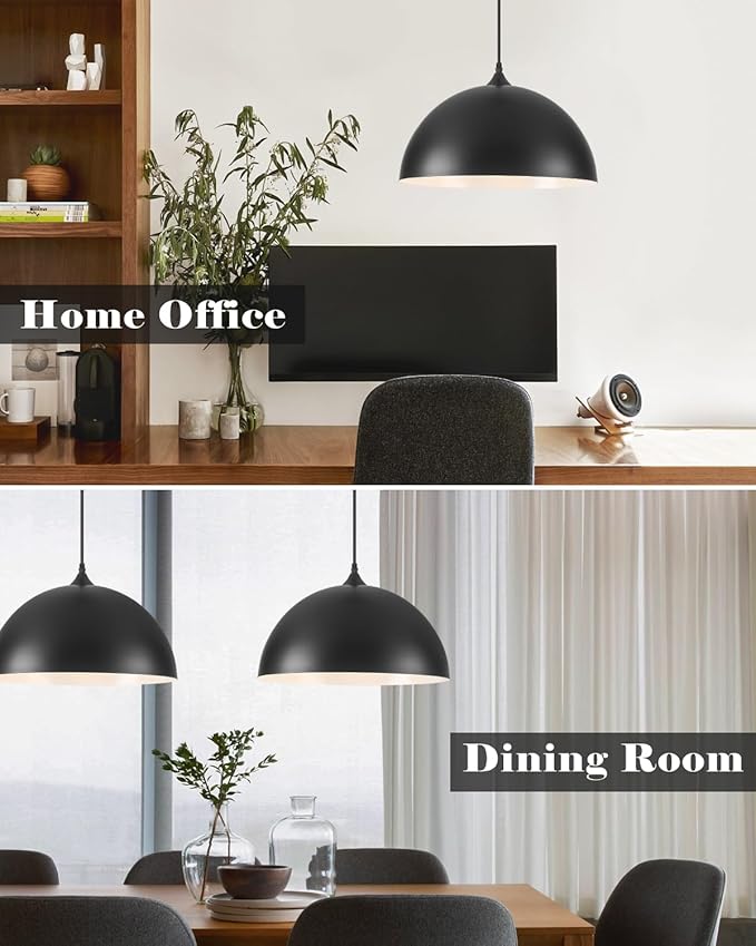 Large Pendant Lights Kitchen Island, 16 Inch Black and White Dome Pendant Light, Black Farmhouse Pendant Light, Large Industrial Pendant Lights for Kitchen Island, Dining Room, Cafe, 2 Pack