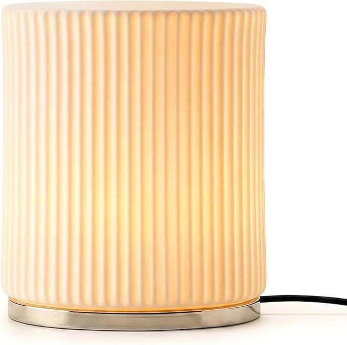 Brightech Lumi LED Table Lamp – 7” Small Modern Desk Light with Fluted, Frosted White Glass Shade, Chrome Metal Base - Warm Ambient Light, Decorative Ambient Lamp for Bedroom, Living Room