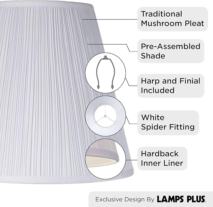 Finish Large Mushroom Pleated Lamp Shade 9" Top x 16" Bottom x 14.5" High x 14.75" Slant (Spider) Replacement with Harp and Finial - Springcrest