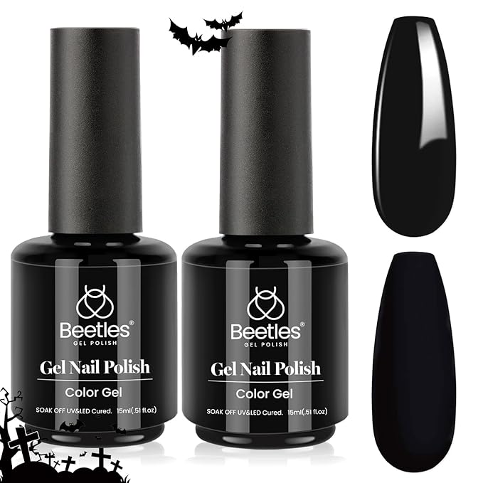 Beetles Black Gel Polish 2Pcs 0.51Fl.OZ Pure Black Gel Nail Polish Set 15ml Dark Base Color Soak Off Uv Nail Lamp Art Manicure DIY Design Gift for Women Long Nights Collection