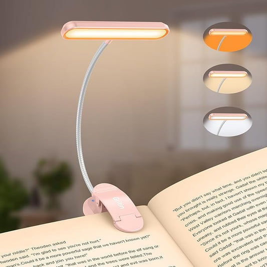 Gritin Rechargeable Book Light for Reading in Bed with 19 LED &Memory Function-Eye Caring 3 Color Temperatures,5 Brightness Levels,90 Hrs Runtime Flexible Goose Neck Clip on Light-Pink