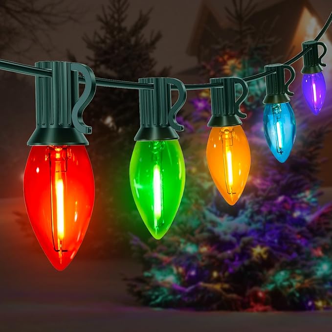 10FT C7 Christmas Lights, Multicolor LED Indoor String Lights with 10 Vintage Bulbs, for Xmas Tree, Window, Party Backdrop, Plug in with Green Wire