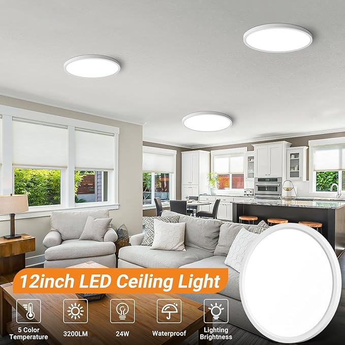 slochi LED Flush Mount Ceiling Light Fixture, 12 Inch 24W, 3200LM, Super Slim 0.7 Inch, 3000K-6500K Adjustable Low Profile LED Ceiling Lights for Bedroom, Kitchen, Hallway(White)