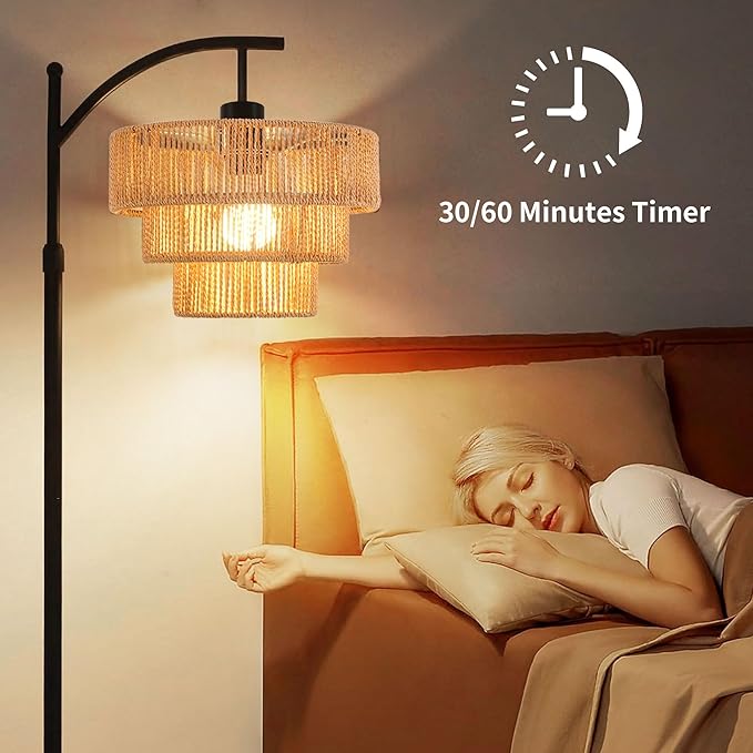Boho Floor Lamp for Living Room Bedroom with Remote,Arc Farmhouse Floor Lamps with 3 Color Temperature,Rustic Standing Lamp with 3-Tier Rattan Wicker Shades,Adjustable Tall Lamp for Office,Corner