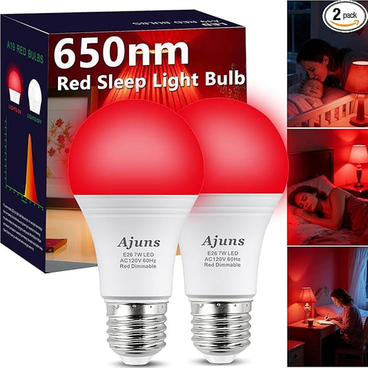 LED Red Sleep Light Bulb Dimmable, 100% Blue Light Blocking Bulb 650nm Promoting Melatonin Red Light Bulbs, A19 7W E26 Base Dim Light Bulbs for Bedroom, Baby Nursery,2 Packs