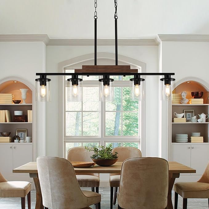 5-Light Dining Room Light Fixture Over Table, Farmhouse Kitchen Island Lighting, Linear Chandelier with Clear Glass Shades, Modern Rustic Wood Chandelier with Adjustable Height