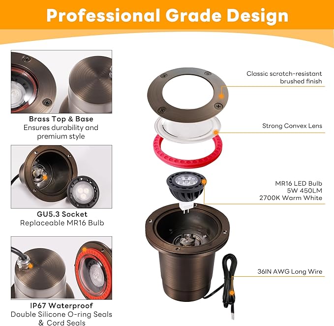 Gardenreet Brass Well Lights Landscape LED In Ground - IP67 12V Outdoor Light, Low Voltage in-Grade Lighting, Antique Bronze for Patio Pathway Tree with 2700K Warm MR16 Bulb (8 Pack)