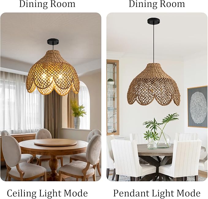 Rattan Pendant Light Fixtures,18.11" Boho Seagrass Pendant Light,3-Light Hand Woven Water Plants Rattan Chandelier for Dining Living Bedroom Kitchen Farmhouse