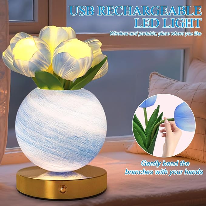 Tulip Table Lamp, Rechargeable Cordless Touch Dimming Artificial Tulip Flower Desk Lamp, LED Flower Bedside Night Light Romantic Gifts for Girl Women Mom (Blue Tulip)