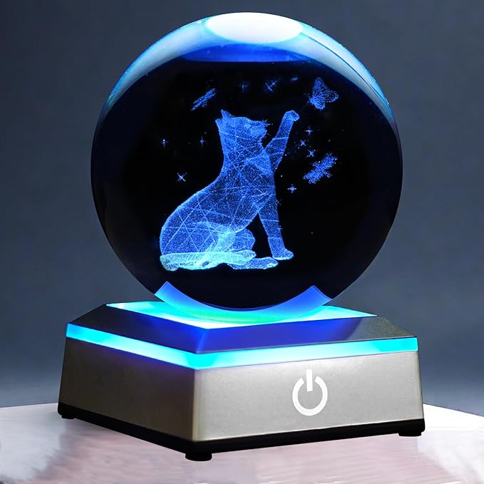 3D Crystal Ball Night Light with LED Colorful Touch Base - Cat Lover Gifts for Women & Teens, 3.15 In Cat Figurines Glass Sphere Lamp for Birthday, Christmas, Home Decor