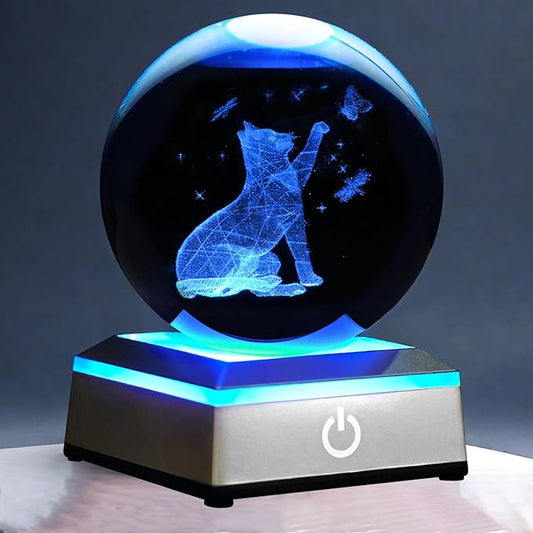 3D Crystal Ball Night Light with LED Colorful Touch Base - Cat Lover Gifts for Women & Teens, 3.15 In Cat Figurines Glass Sphere Lamp for Birthday, Christmas, Home Decor