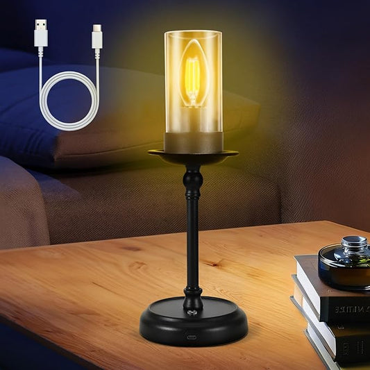 Houkiper LED Candle Table Lamp, 12.6inch Tall Vintage Desk Light with Clear Shade, 3000k Warm Light, Dimmable Night Light for Living Room, Bedroom, Office (Adapter Not Included)