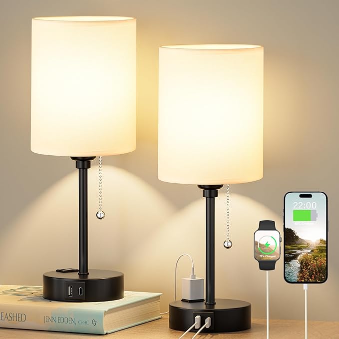 Bedside Table lamp for Bedroom Set of 2-3 Color Temperatures Small Lamps with USB C and A Ports, Pull Chain Table Lamps with AC Outlet, White Nightstand Lamps with Black Metal Base for Kids Reading