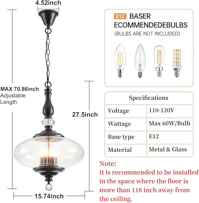 Modern Black Pendant Light 5-Light Clear Glass Pendant Lighting with Adjustable Chain W 15.74 in Kitchen Island for Dining Room