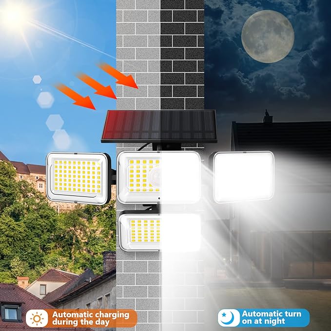 Mokot Solar Lights Outdoor, 288 LED 2800LM Motion Sensor Outdoor Light with Remote Control, 4 Heads IP65 Waterproof Solar Flood Security Lights for Outside Patio Wall - 4Pack
