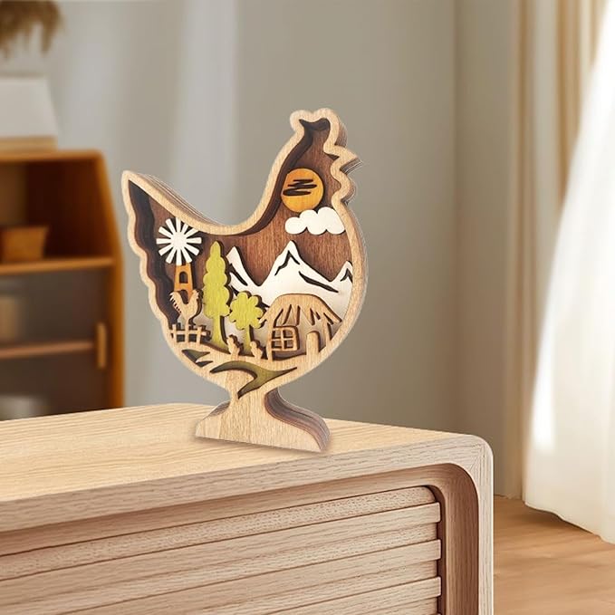 Drawelry 3D Wooden Animals Carving Home Decorative - Creative Wood Carved Lamp Farmhouse Wooden Animals Sculpture Ornaments Easter Birthday Gifts for Family Friend Son Dad (Chicken, Without Light)