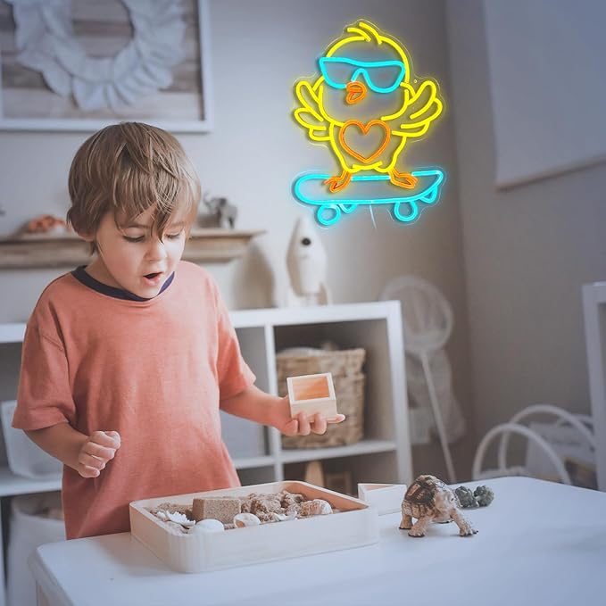 Skateboard Chick Neon Sign Dancing Chicken LED Neon Light for Wall Decor Dimmable USB Light Up Chick Sign for Bedroom Kids Room Birthday Gifts for Boy Girl (16.5”*12.6”)