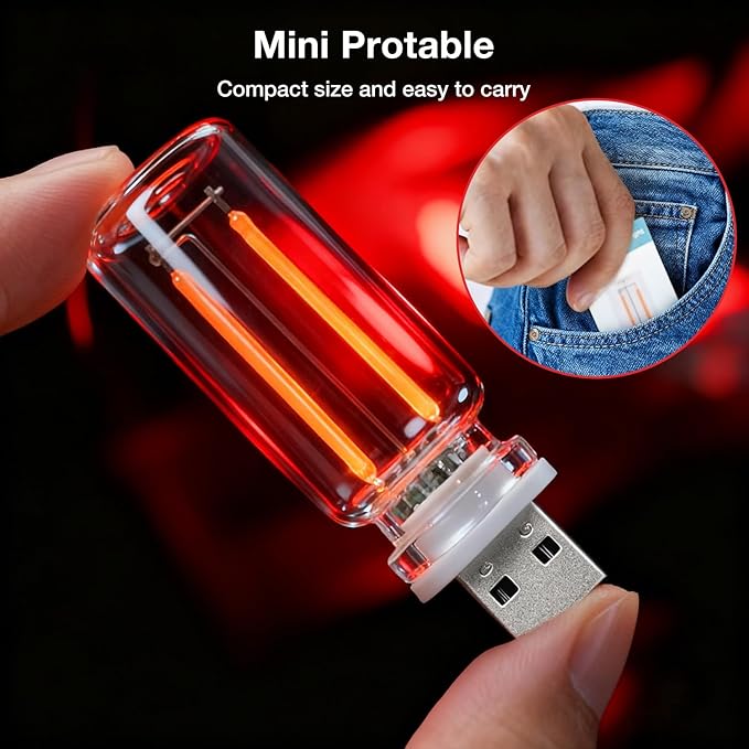 2 PCS USB Car Lights, Touch Dimmable Retro Mini Glass Bottle LED Ambient Night Light for Vehicle Interior, Bedroom, Hallway, Camping, Holiday and Party Decoration (Red)
