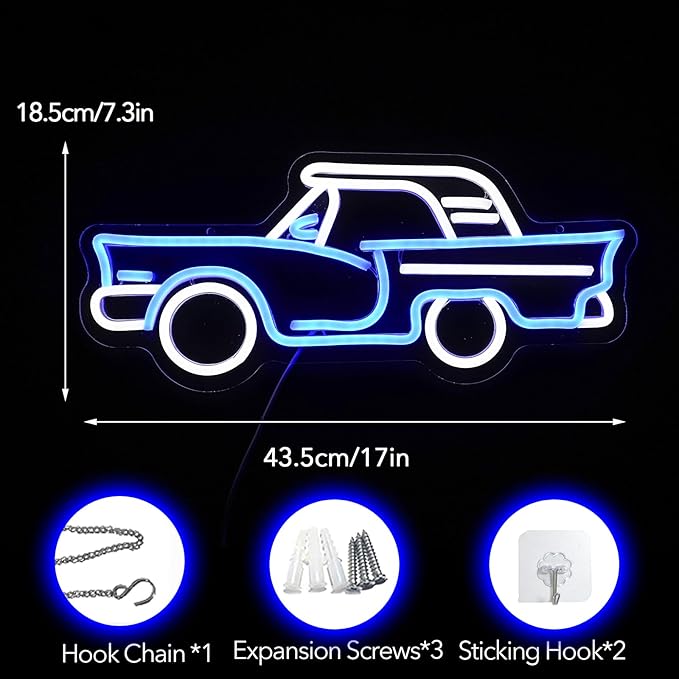 Car neon sign, Blue + White Led Signs USB Powered,For Bedroom Salon Bar Gym Garage Carpark Decor, Retro Car Led neon light sign(17.1x7.3in)
