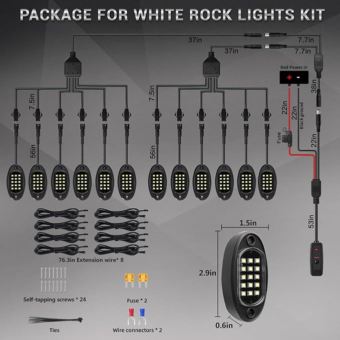 12 Pods Pure White LED Rock Lights with Extension Wires, 6500K Super Bright White Underglow Kit for Truck Trailer Offroad Pickup SXS UTV, IP67 Waterproof Under Trailer Lighting